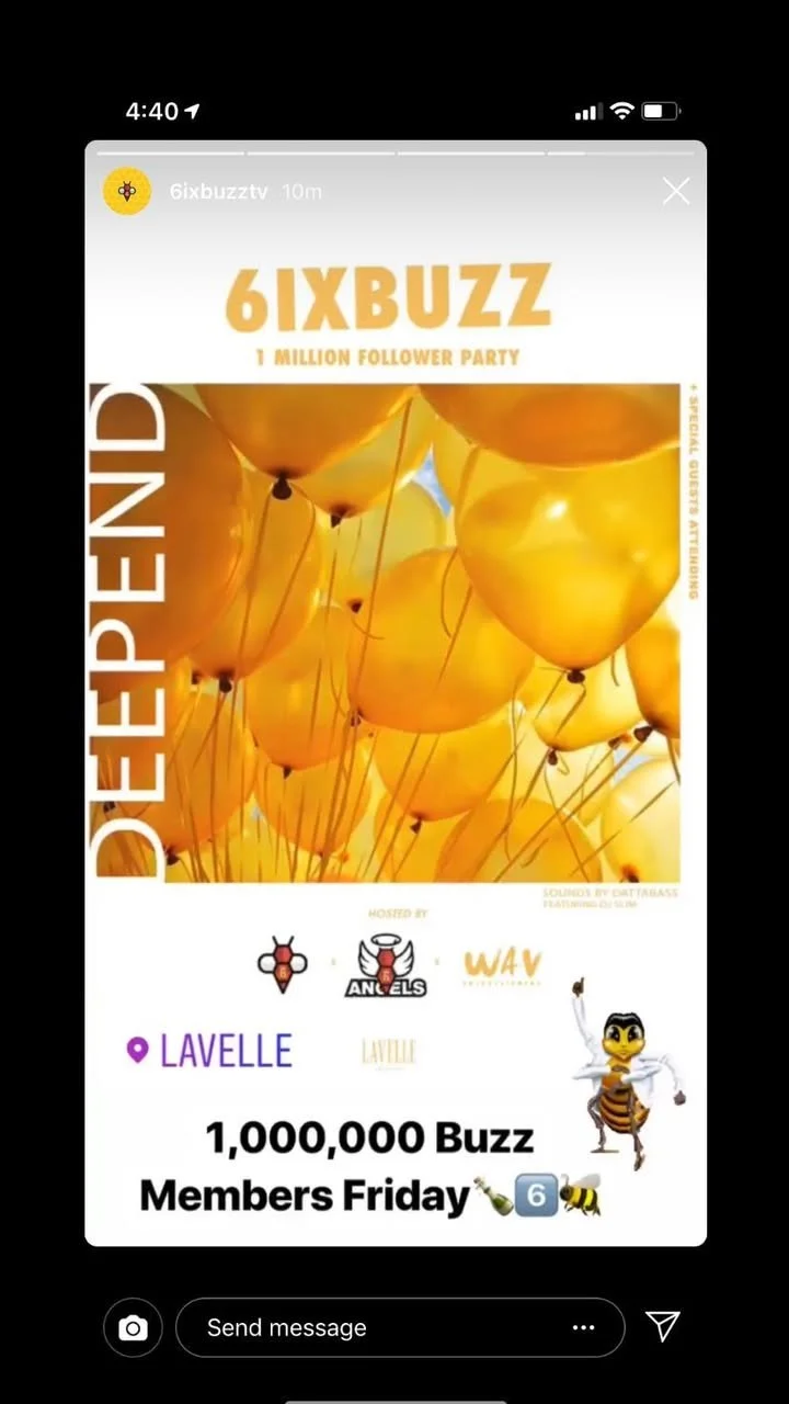 A promotional graphic for a celebration event with yellow balloons in the background, text noting the 6ixbuzz 1 million follower party, and details about a giveaway and location in Laval.
