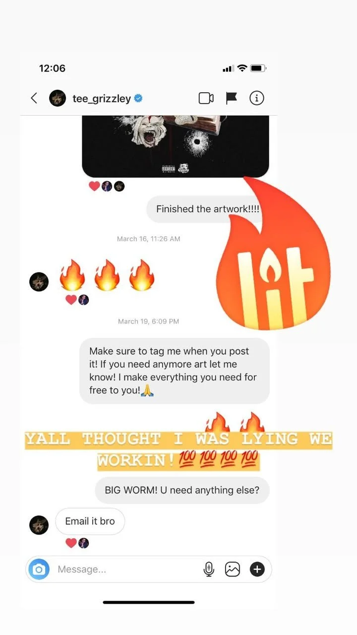 Screenshot of a text conversation between two people discussing artwork, with emojis including fire, flames, and in the background a black and white image with dark themes.