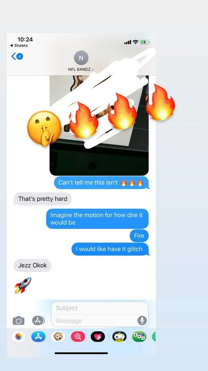 A screenshot of a text conversation on a smartphone showing a mostly obscured digital image with fire emojis and a shushing face emoji. The conversation mentions a trending item in the NFL bandz collection that appears to be on fire, with users jokin