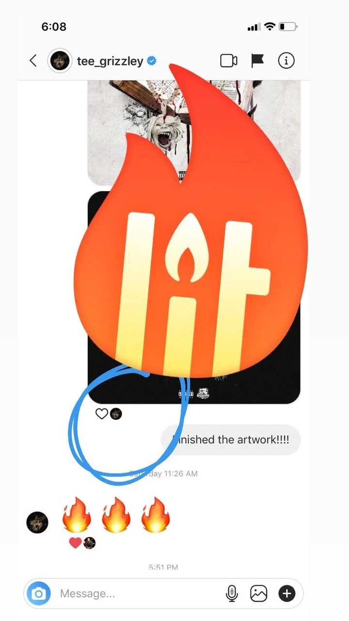 A screenshot of a social media message showing a large, flame emoji overlay on an art piece and a comment that says 'Finished the artwork!!!!' with fire emojis below.
