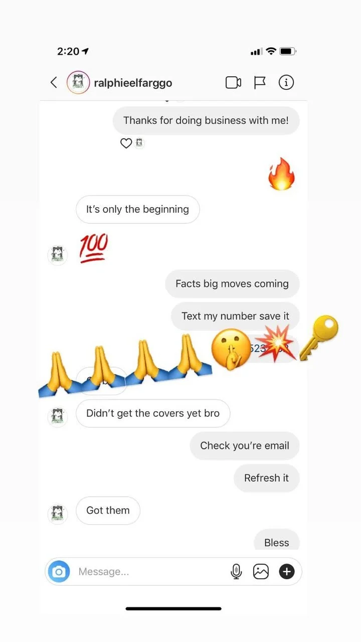 Screenshot of a text message conversation with emojis and stickers, including praying hands, fire, a 100 symbol, a kiss face, explosion, key, and blessings, between two people discussing business, covers, and emails.