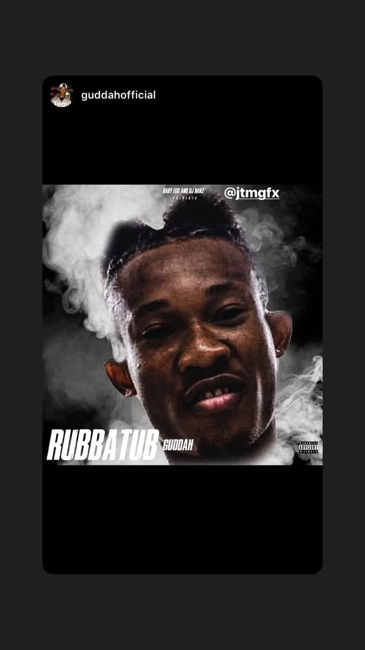 A digitally edited photo of a man with a cigarette, with smoke around his head, and text that reads "RUBBATUB GUDDAH" and social media handles.
