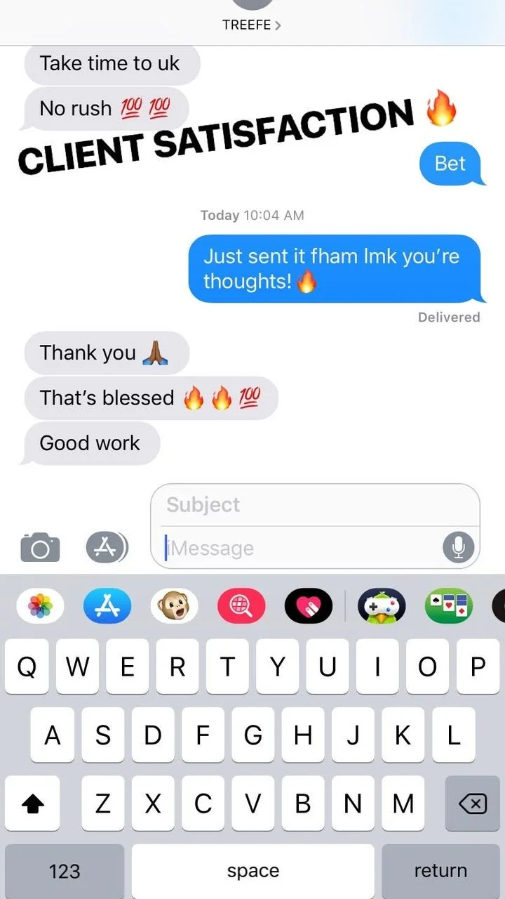 A screenshot of a text message conversation discussing client satisfaction, with emojis and congratulatory messages.