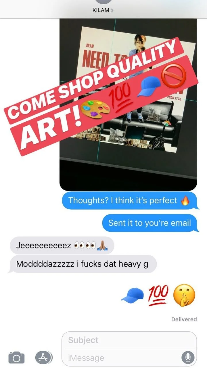 Text message conversation with a picture of a digital art or design software screen showing a collage, and a rectangular banner with a red background and white text saying "COME SHOP QUALITY ART!" with emojis of a painting palette, 100, a blue cap, a