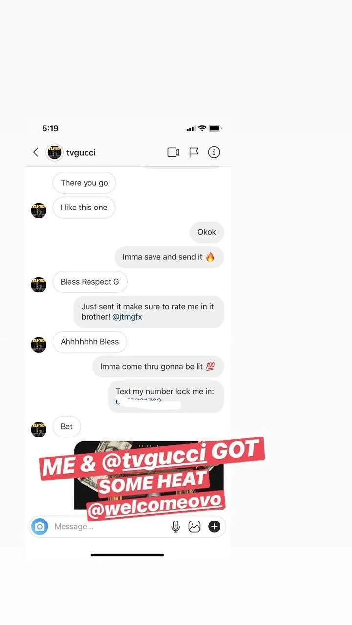 Screenshot of a text message conversation between two people, with a caption overlay saying 'ME & @tvgucci GOT SOME HEAT @welcomeovo'.