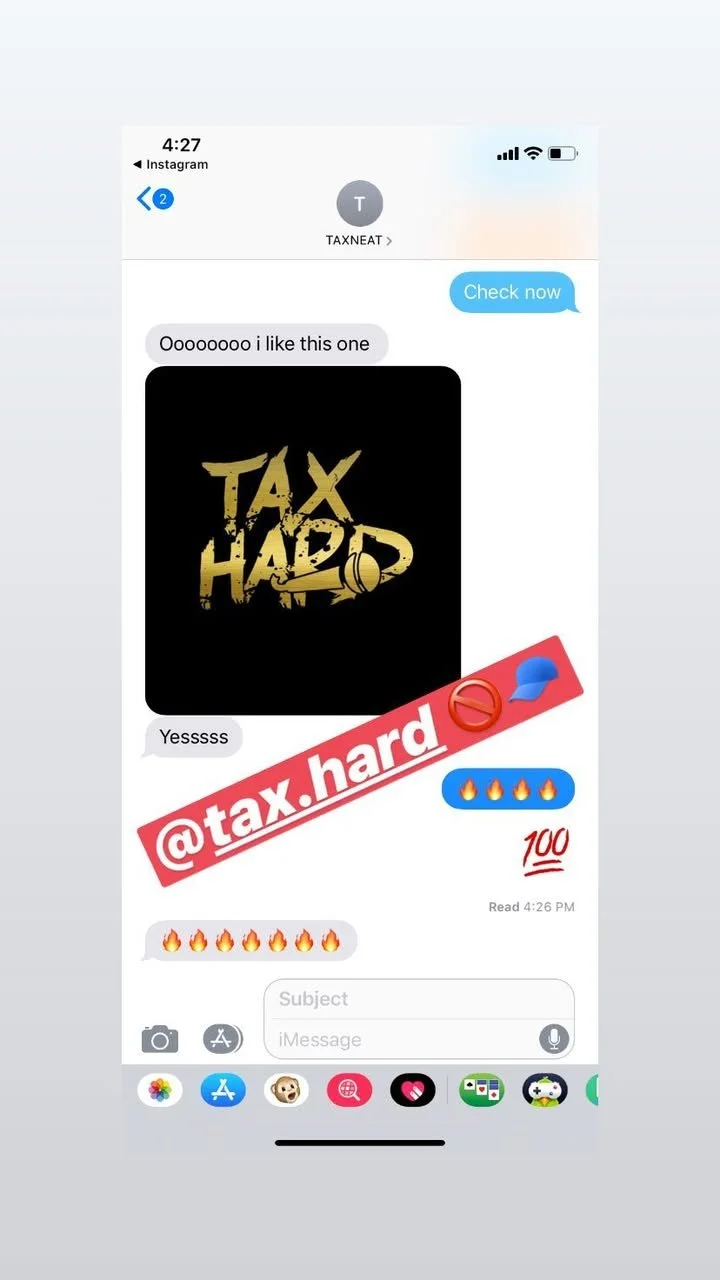 A screenshot of a messaging conversation about a logo that reads 'TAX HAD'. The messages include enthusiastic comments, emojis, and social media tags, with an emphasis on the phrase 'tax.hard' and fire emojis.