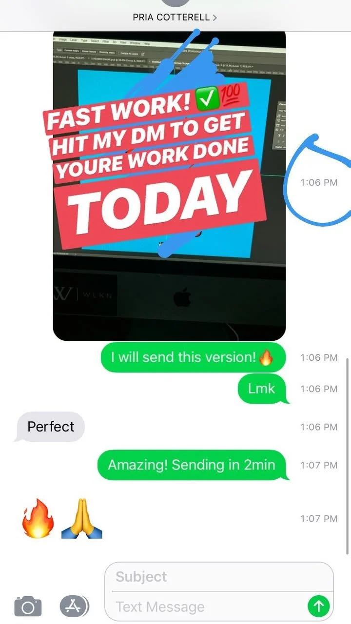 A screenshot of a text conversation showing a pink graphic with white and red text saying, "FAST WORK! HIT MY DM TO GET YOUR WORK DONE TODAY," over a background of a computer screen with a photo editing program open.