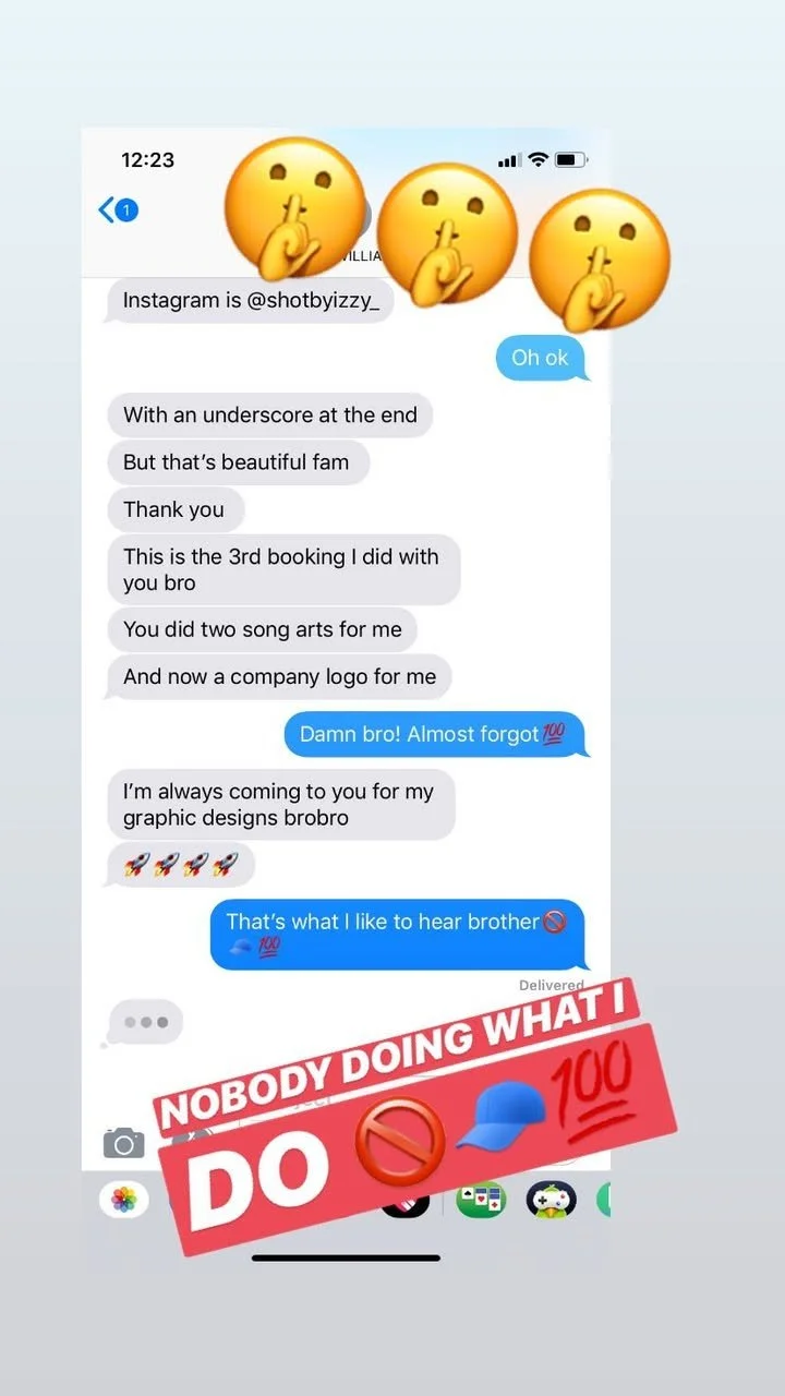 A screenshot of a text conversation on a smartphone showing messages about graphic design and branding work, including stickers and emojis, with some messages labeled as 'delivered.' There are three face emojis at the top and a large red banner stick