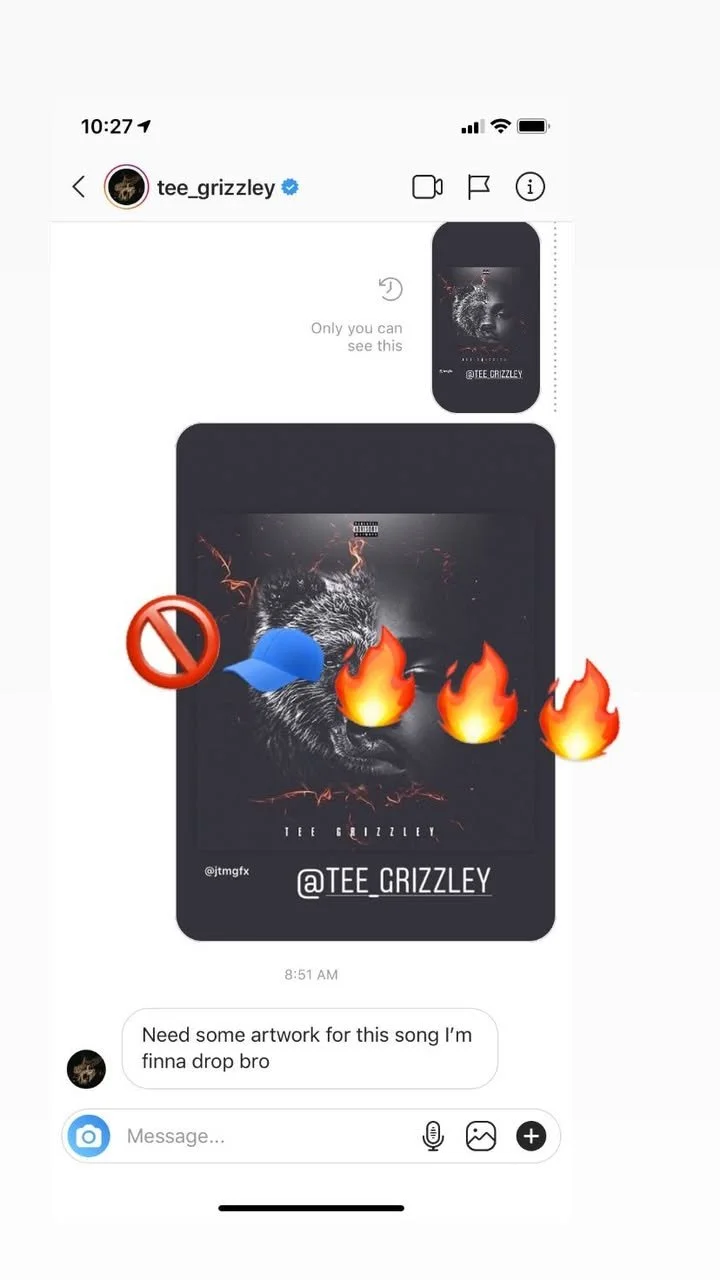 A screenshot of a social media post showing album artwork with a bear's face surrounded by flames, tagged @TEE_GRIZZLEY, with a digital overlay of emojis including a no sign, a blue hat, and flames. The post is from user tee_grizzley, and a message b