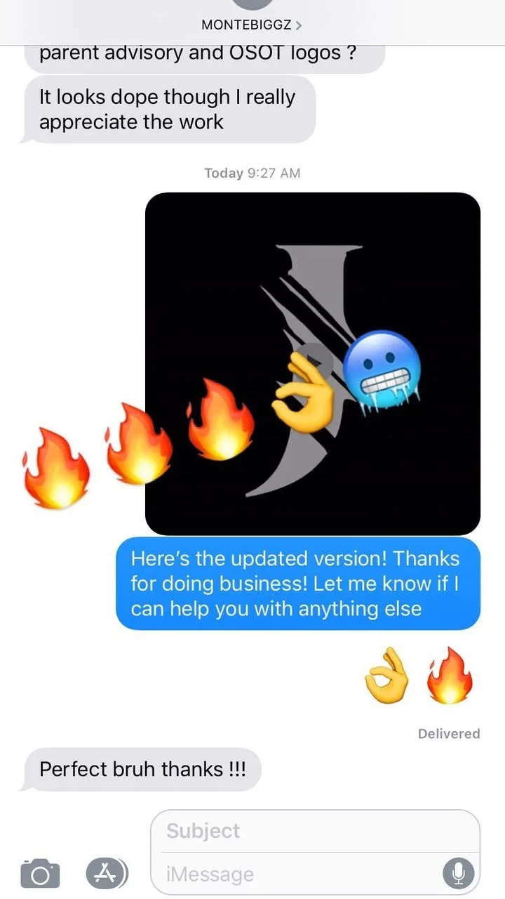 A screenshot of a messaging app conversation. It includes emojis of flames, a blue face with braces, an OK hand, and a knife. The conversation contains texts about updates, business, and thanks.