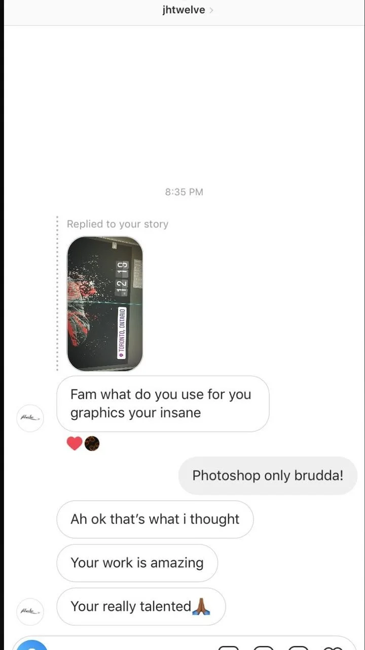 A screenshot of a social media direct message conversation between two people discussing their work in graphics and Photoshop, with a small image attached showing a street scene with a digital display.