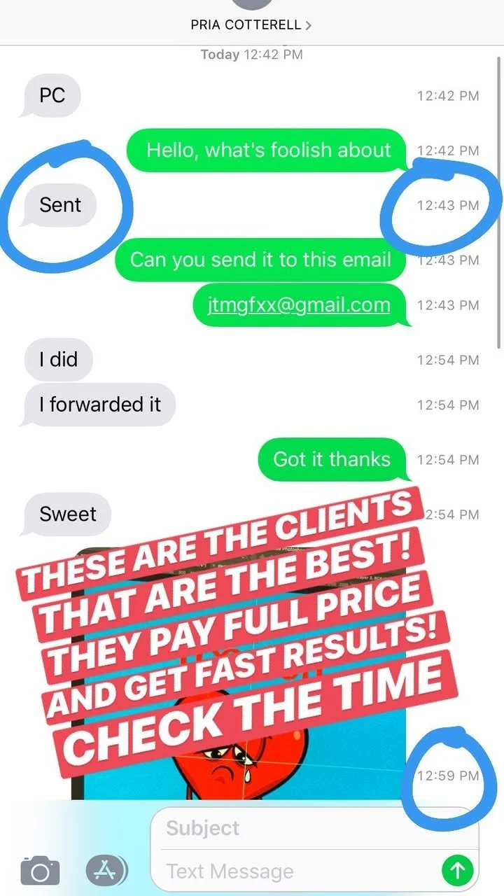 Screenshot of a text message conversation with promotional overlay. The conversation includes a user requesting an email, a reply confirming it was sent, and a promotional message in bold red and white text promoting a service that claims clients pay