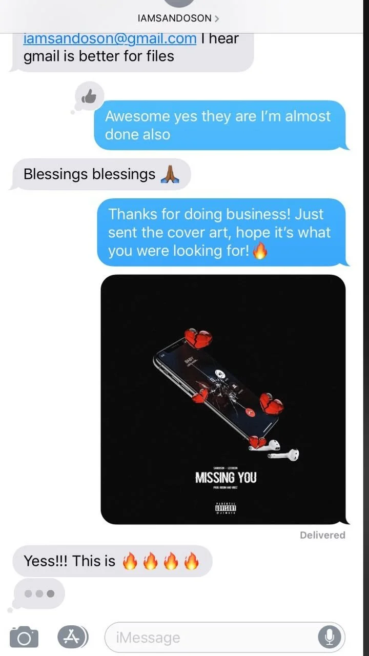 Text message conversation with an album cover image. The album cover shows a cracked smartphone with broken glass, several red hearts, and a pair of wireless earbuds. The text on the album cover reads "MISSING YOU."