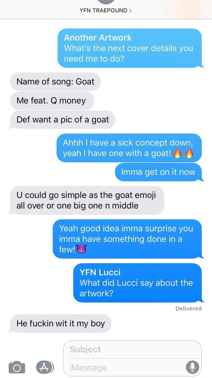A screenshot of a text message conversation with blue and gray chat bubbles discussing artwork, a song called 'Goat,' and a goat emoji with talk about creativity and humor.