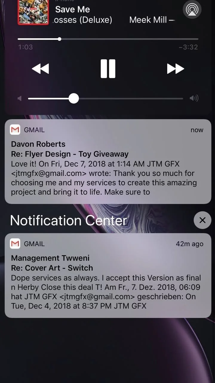 Screenshot of a smartphone notification center displaying two email notifications from Gmail, along with a music play bar at the top showing a song titled "Save Me" by Meek Mill.