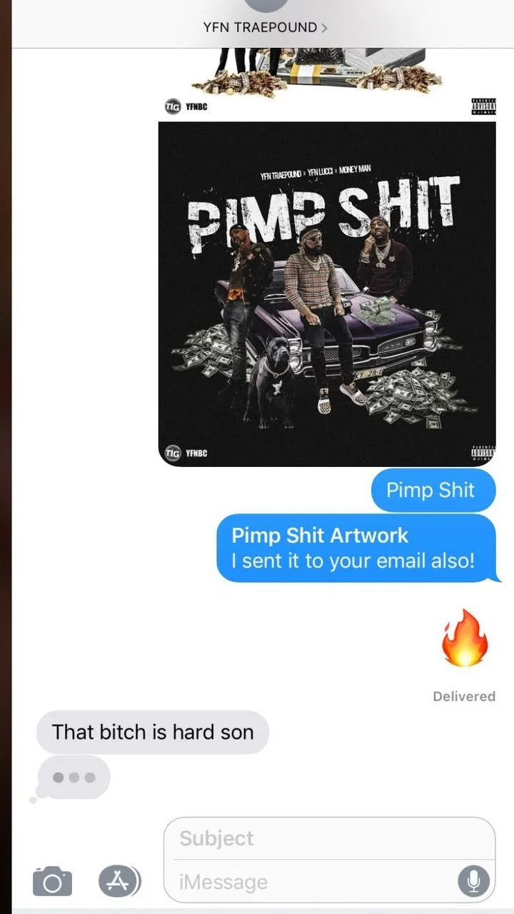 Group of three men and a dog standing in front of a purple car surrounded by stacks of money, with a background featuring the words 'Pimp Shit' in graffiti style.