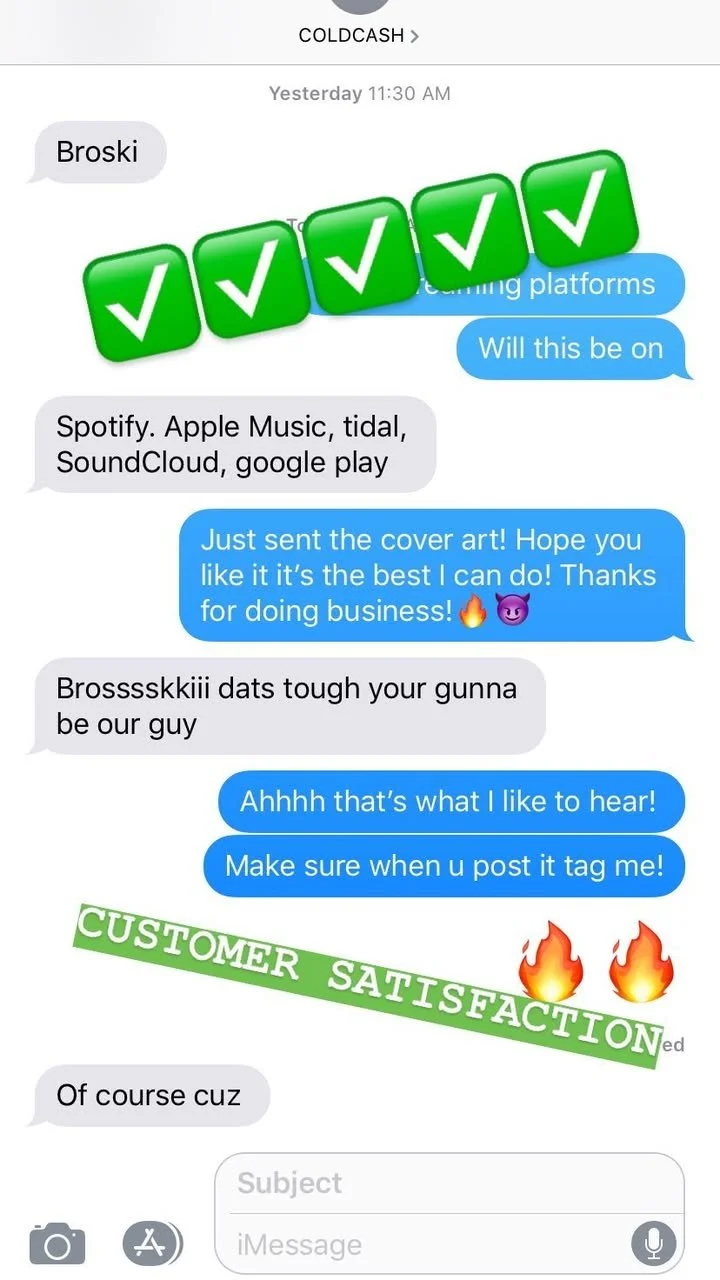 Text conversation screenshot with green check mark stickers and emoji, discussing music platforms, cover art, and customer satisfaction.