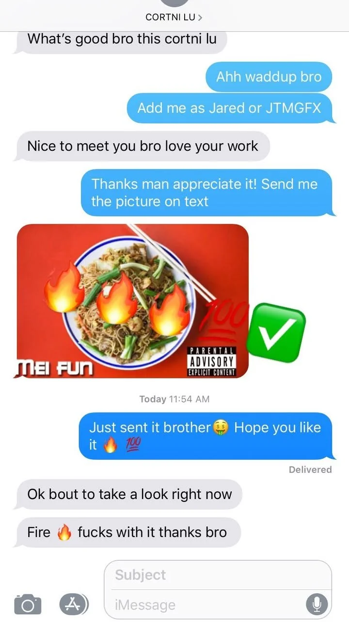 Text conversation about sending a picture of a plate of spicy noodles with flames and a 'Mel Fun' label.