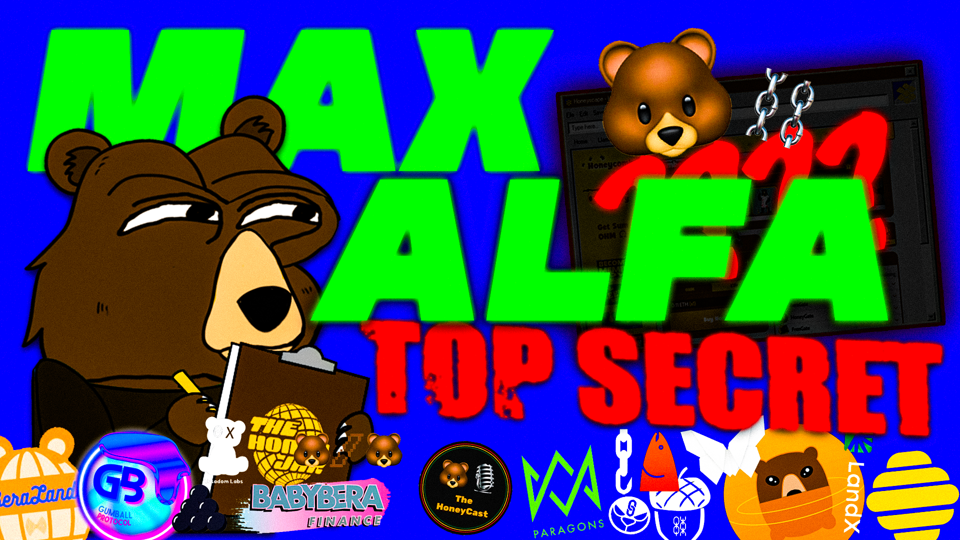 A digital collage featuring a brown bear character with a clipboard, large neon green text that says 'MAX ALERT', and red text saying 'TOP SECRET'. The background is blue with various smaller icons and images, including a bear's head with chains, a c