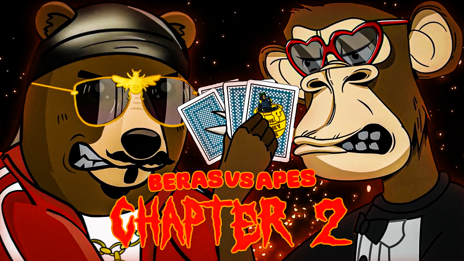 Illustration of two cartoon monkeys dressed in gangster style, playing cards, with the text 'Berus vs Apes Chapter 2' in bold, fiery font.
