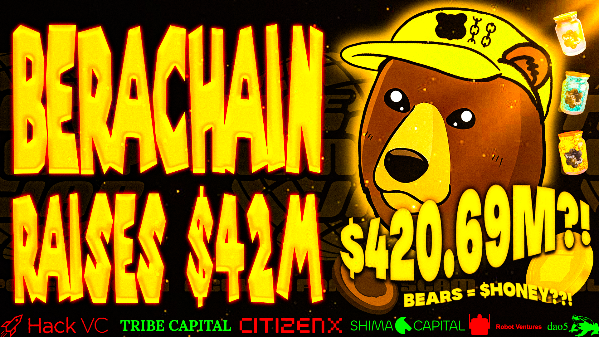 Colorful digital graphic with bold yellow and red text asking about Bitcoin and comparing it to a bear product, featuring a cartoon bear wearing a yellow hat with bear face design, and floating colorful jars of honey with prices listed, surrounded by