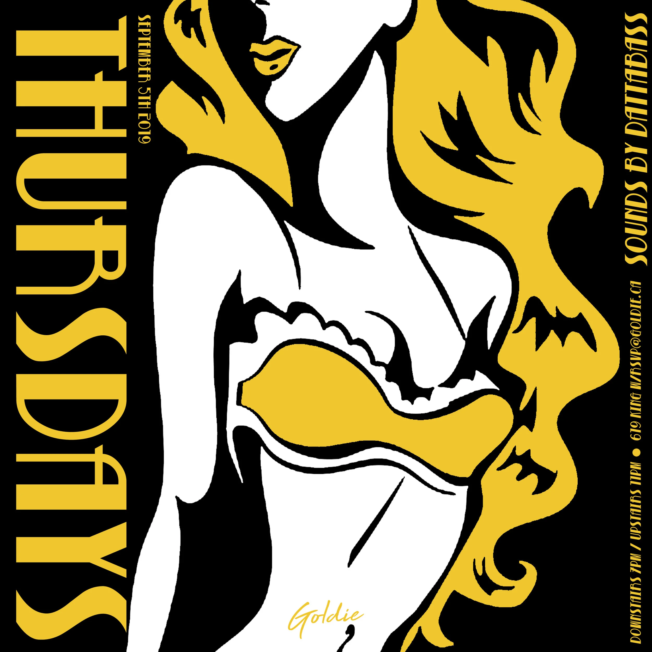 A stylized illustration of a woman with long hair, holding an ice cream cone, with bats and swirling patterns around her, in black, white, and yellow colors, promoting an event called Ghosts Night.
