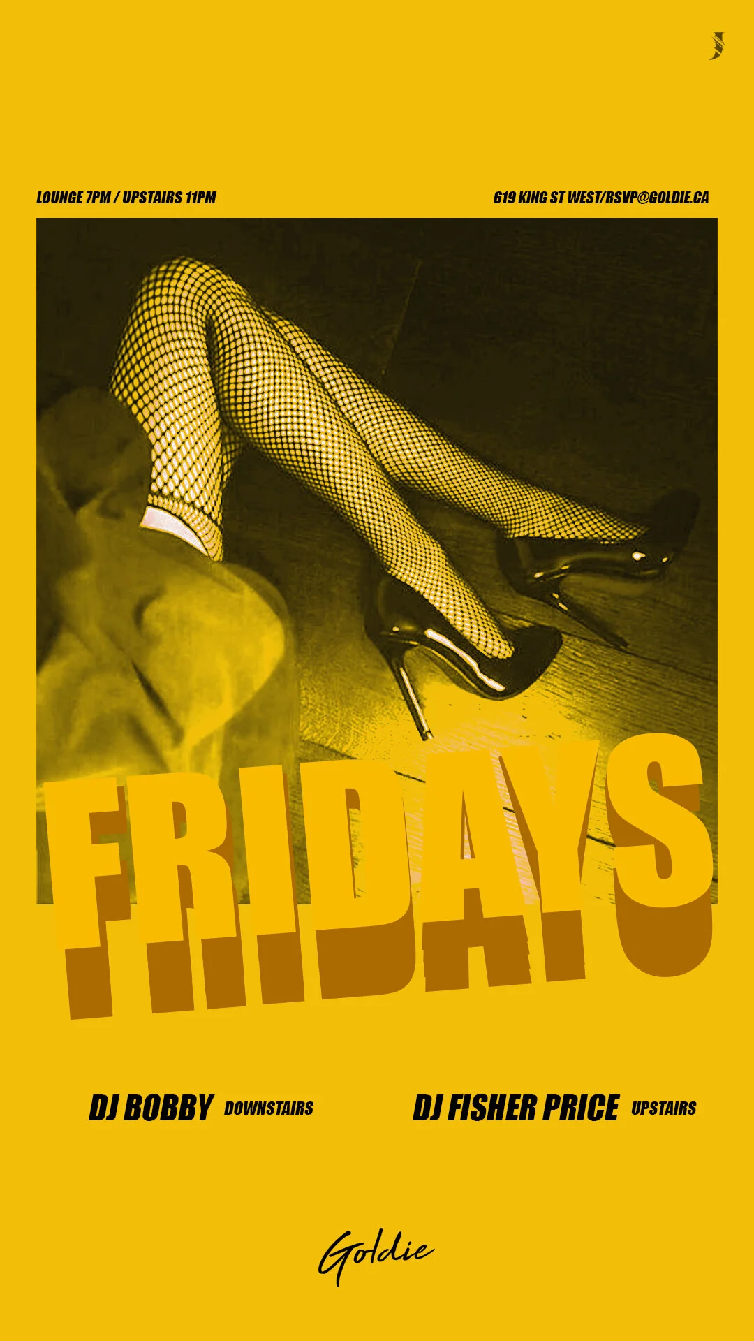 A woman wearing fishnet stockings and black high heels with her legs crossed, sitting on a dark floor. The image has yellow tint and text overlay advertising a Friday night event at a club with DJ Bobby downstairs and DJ Fisher Price upstairs, with c