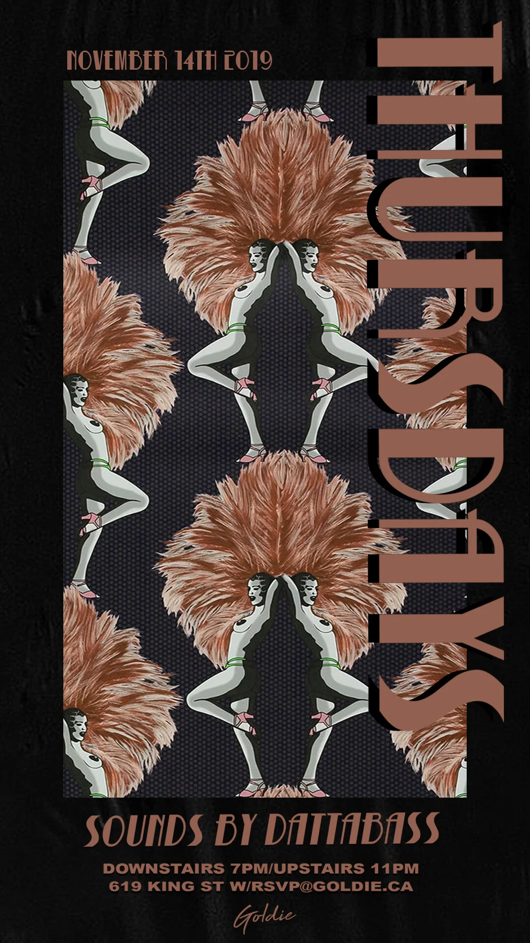 Event poster featuring a repeated pattern of a stylized woman with orange hair, wearing a black and white outfit, with pink shoes, set against a dark, textured background. The poster displays the date November 14, 2019, and has text indicating music 