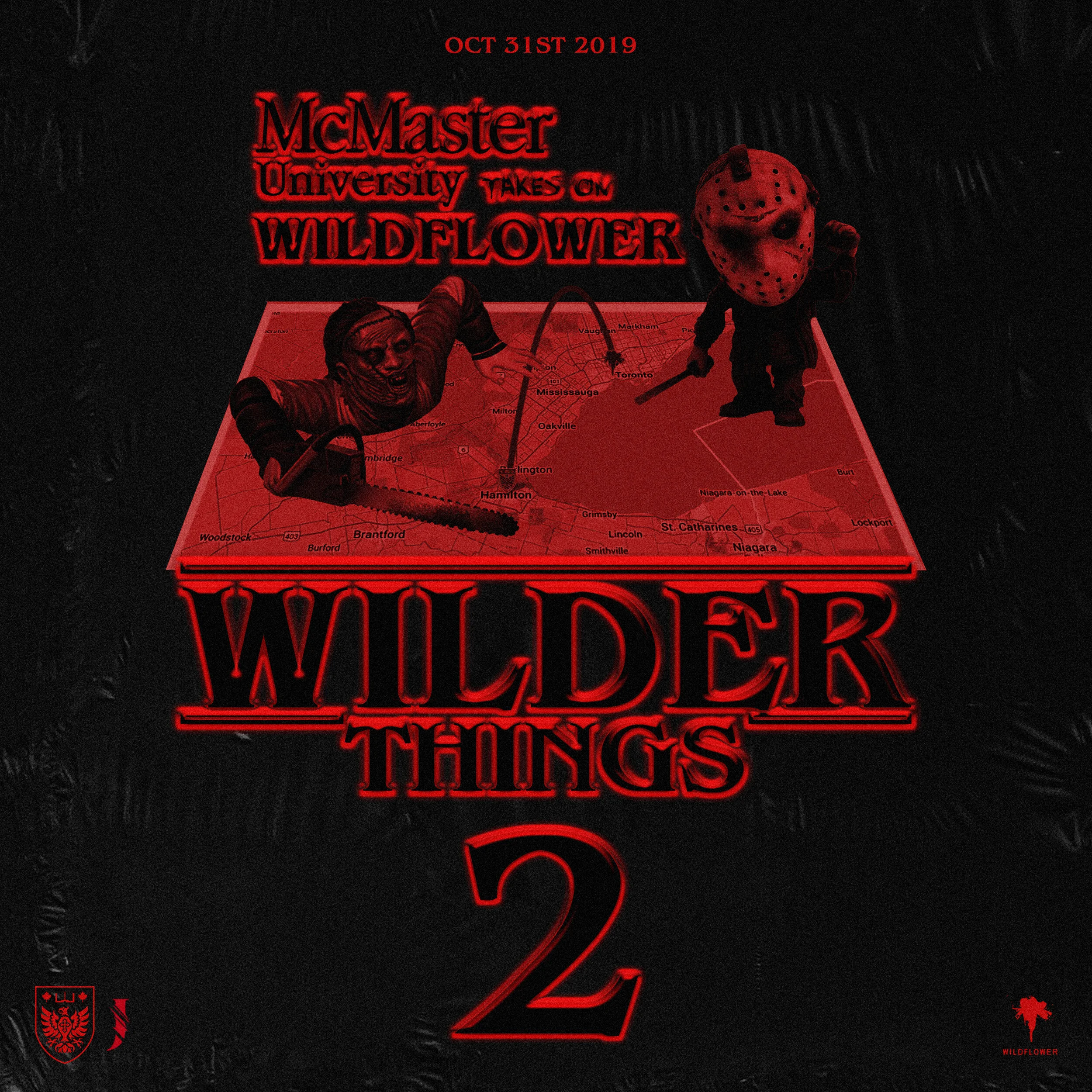 Promotional poster for the TV series "Wildflower Things 2" featuring a dark background with red neon-style text and illustrations, including a man with a chainsaw, a person with a hockey mask holding a club, and a map of Ontario, Canada.