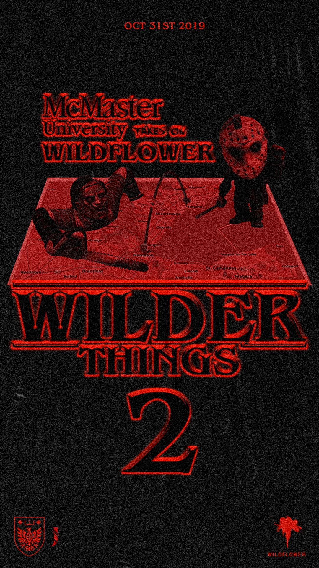 A promotional poster for the film 'WILDFLOWER THINGS 2' with a dark background, red neon lettering, a map lit in red, and two unsettling figures: one with a chainsaw and a scarecrow mask, and the other with a hockey mask and a weapon, over the map. T