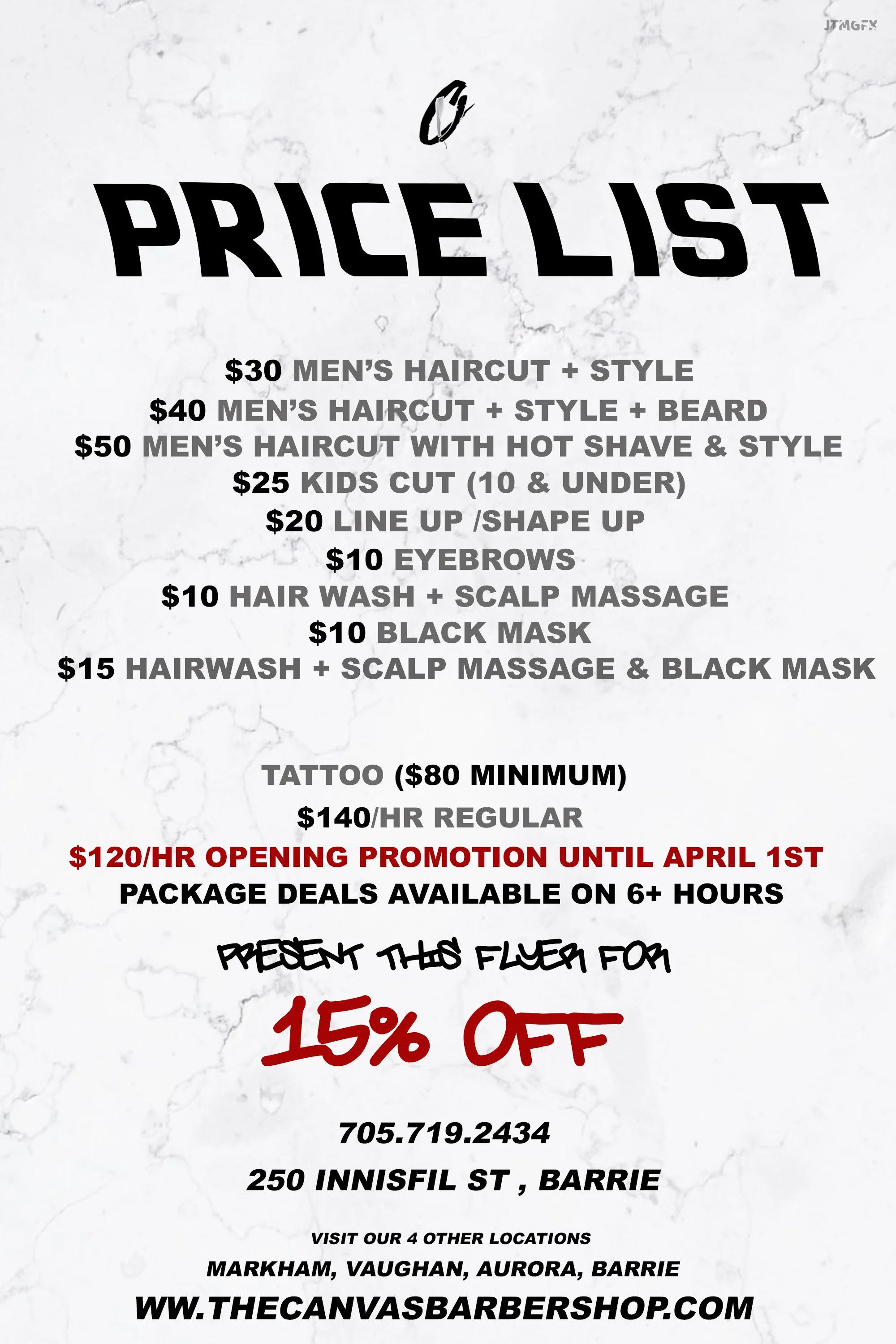 Pricing list for barber services, including men's haircuts, kids' cuts, and beard grooming, along with tattoo services, and a 15% discount flyer, with contact information and locations.