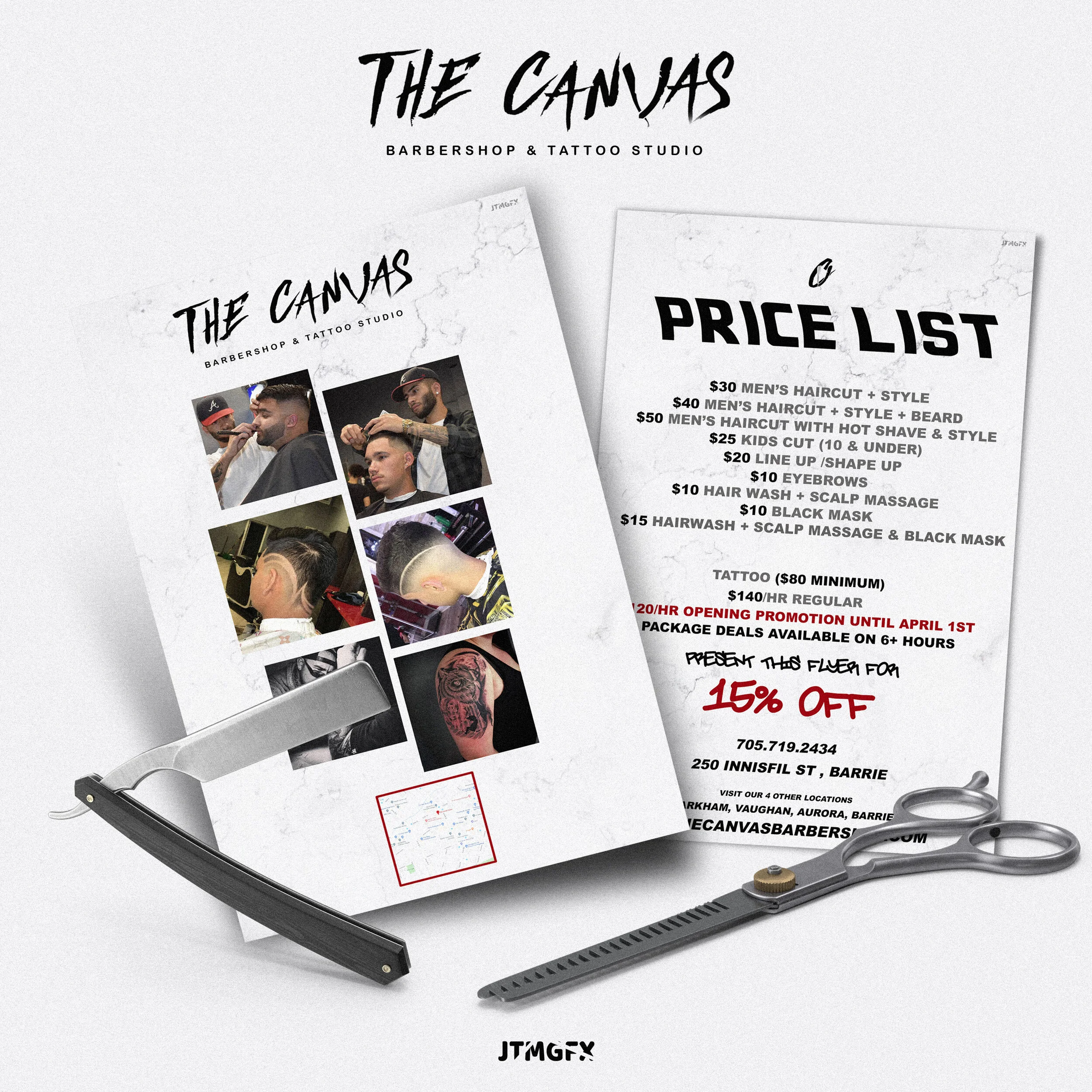 Flyer for The Canvas Barbershop & Tattoo Studio showing haircut photos, a scissors and razor, and a price list for various barber and tattoo services.