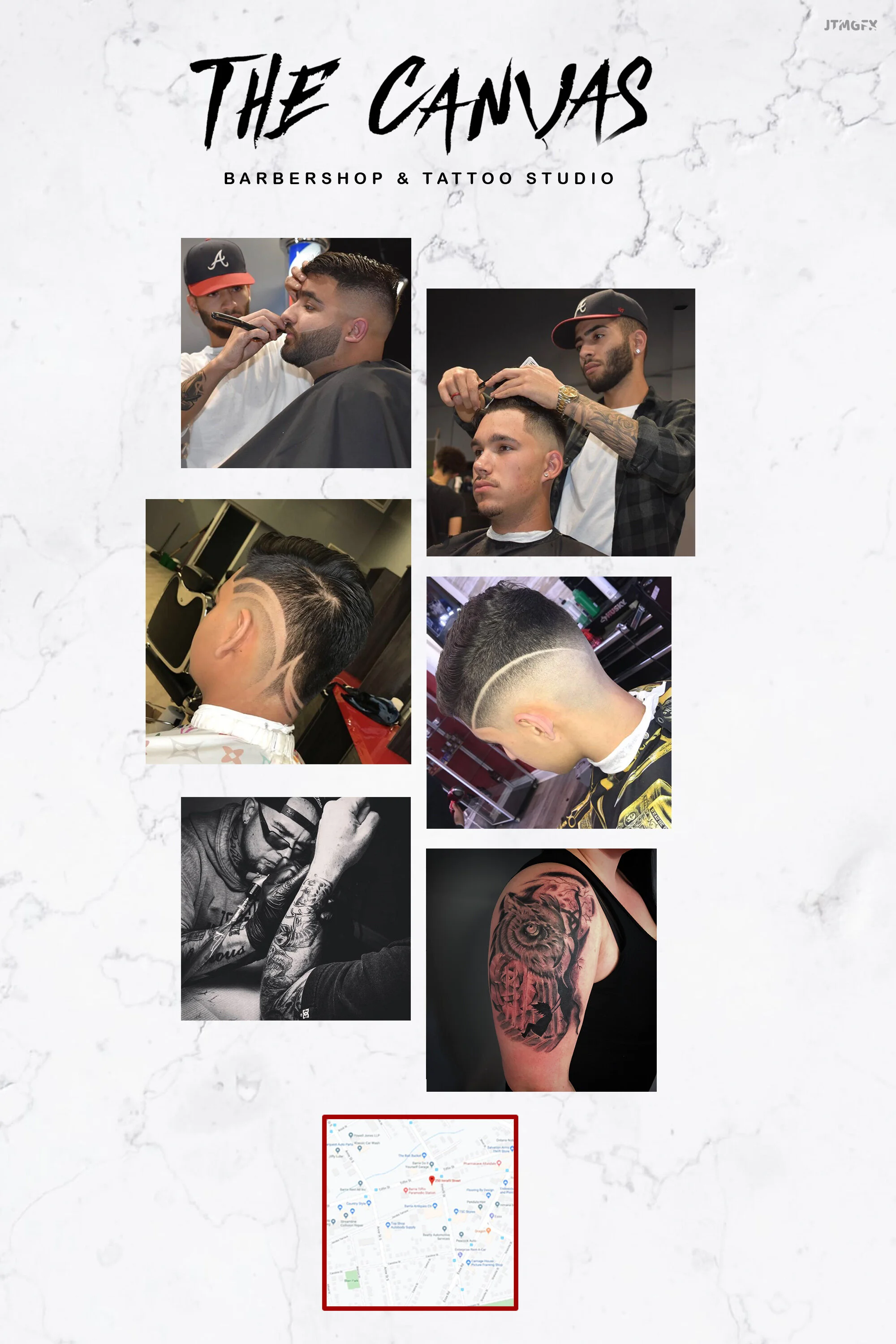 Poster for The Canvas Barbershop & Tattoo Studio featuring photos of men getting haircuts and tattoos, with a map at the bottom showing their location.