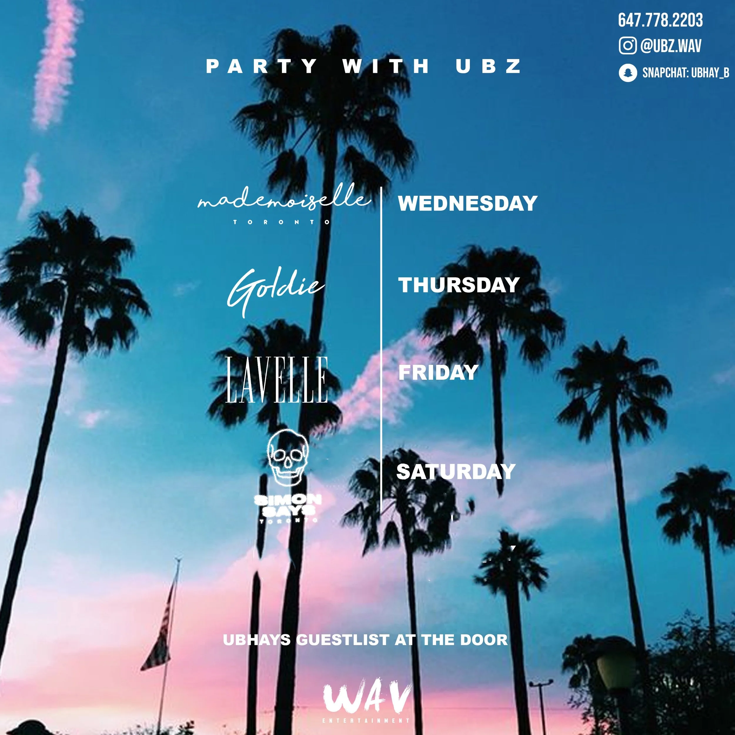 Event schedule overlayed on a background of palm trees and a sunset sky, listing parties and events with days of the week and contact information.