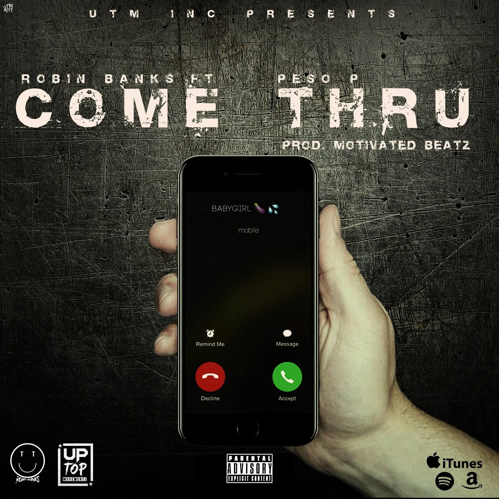 The image features an album cover with a hand holding a smartphone displaying an incoming call from 'BABYGIRL' with options to accept or decline. The background has a dark, textured surface, and the text includes the artist's names, song title 'COME 
