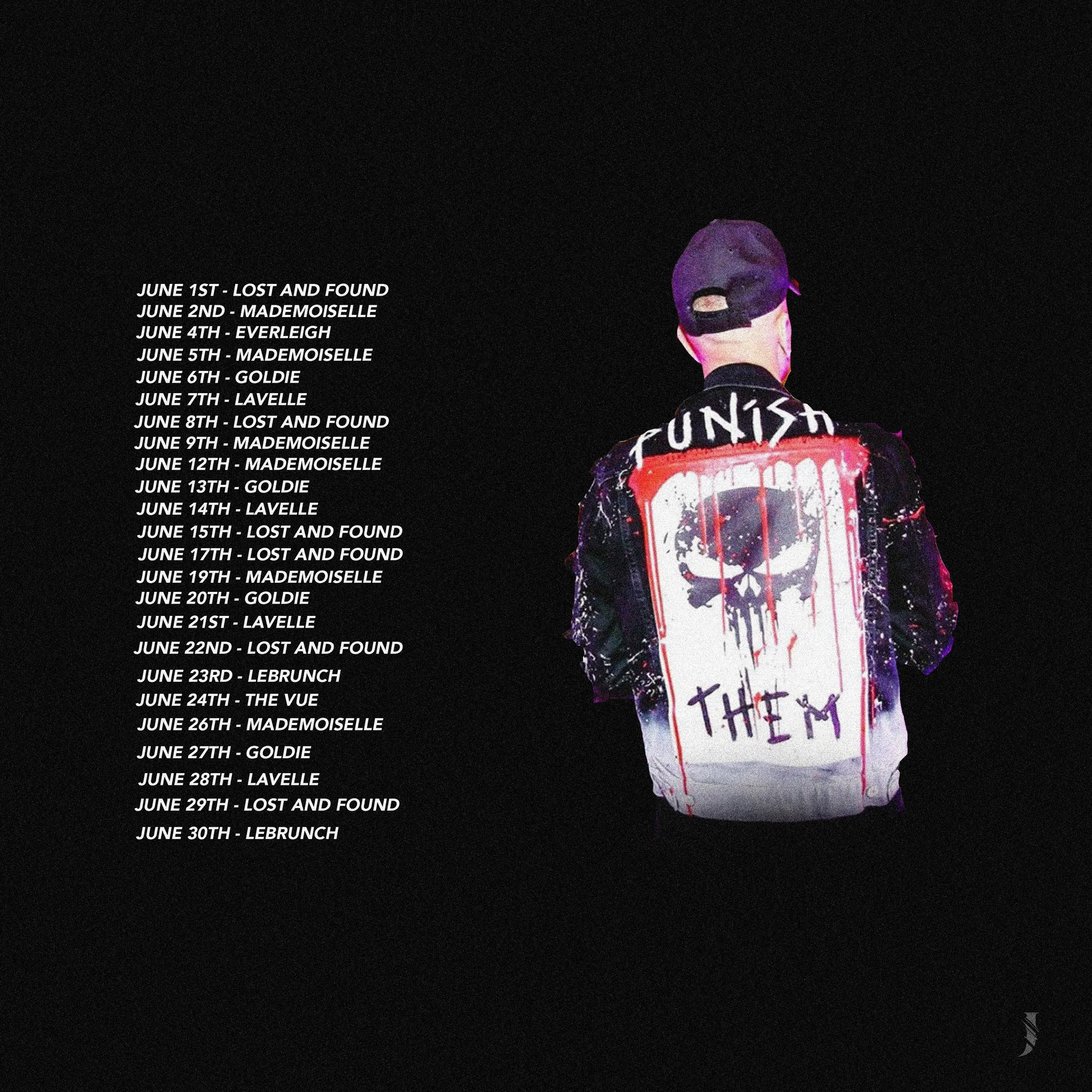 A person with a black cap facing away, wearing a black denim jacket with a large patch on the back featuring a skull and crossbones, red paint splatters, and the words 'THEM'. The background is black, and there is a list of dates and names on the lef
