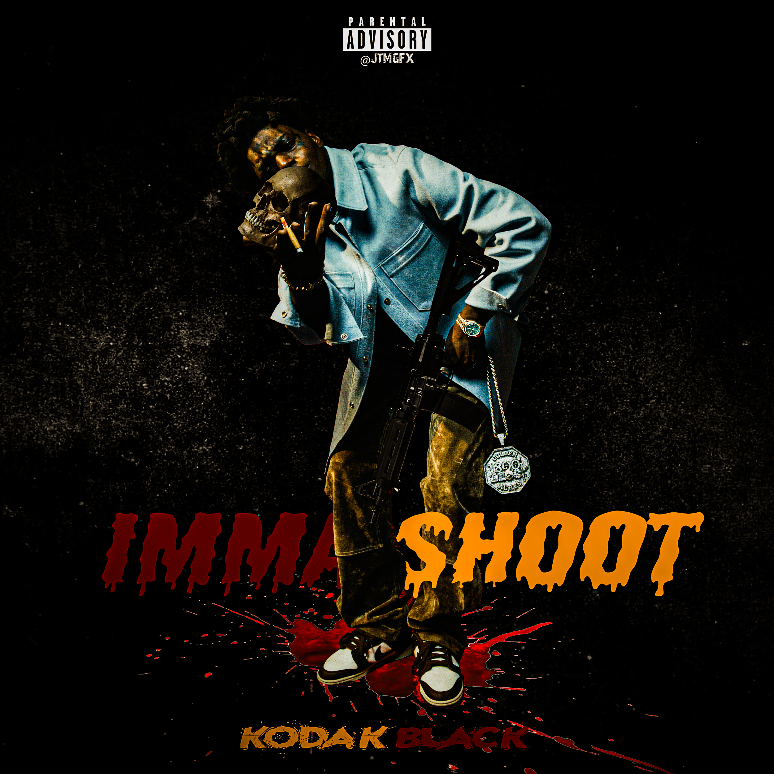 A man dressed in a light blue shirt and baggy pants holding a skull in one hand and a rifle in the other, standing on blood splatter. The background is dark with a spray of blood below him, and text that says 'IMIMA SHOOT' in bold red and yellow lett