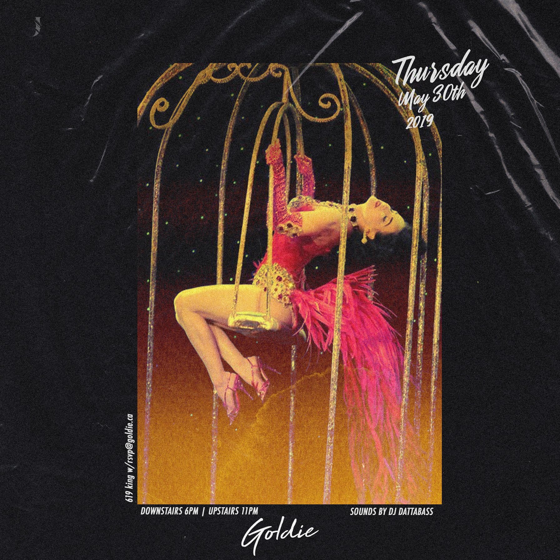 A dancer in a red and pink costume performing inside a gold cage. The poster is for an event on Thursday, May 30th, 2019, with details about times and music provided.