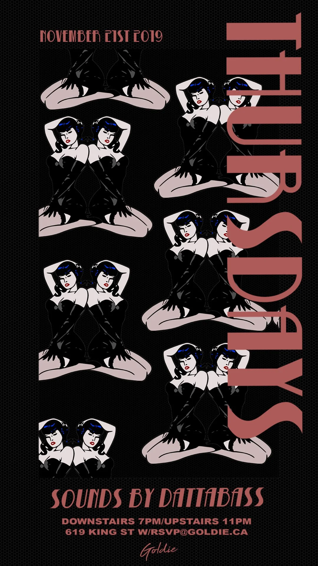 Poster for an event on November 21st, 2019 featuring sounds by DATIBASS. The poster has a black background with a pattern, multiple illustrations of a woman with black hair, black dress, and red lips, sitting with her legs crossed and hands behind he