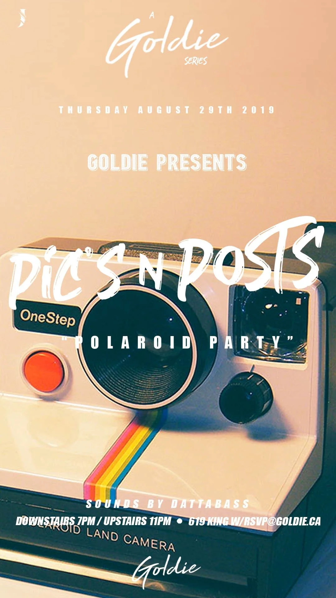 A promotional poster for an event titled 'Pic's 'N' Posts - Polaroid Party' with event details, date, and time. The poster features a vintage Polaroid camera with a rainbow stripe design on it.