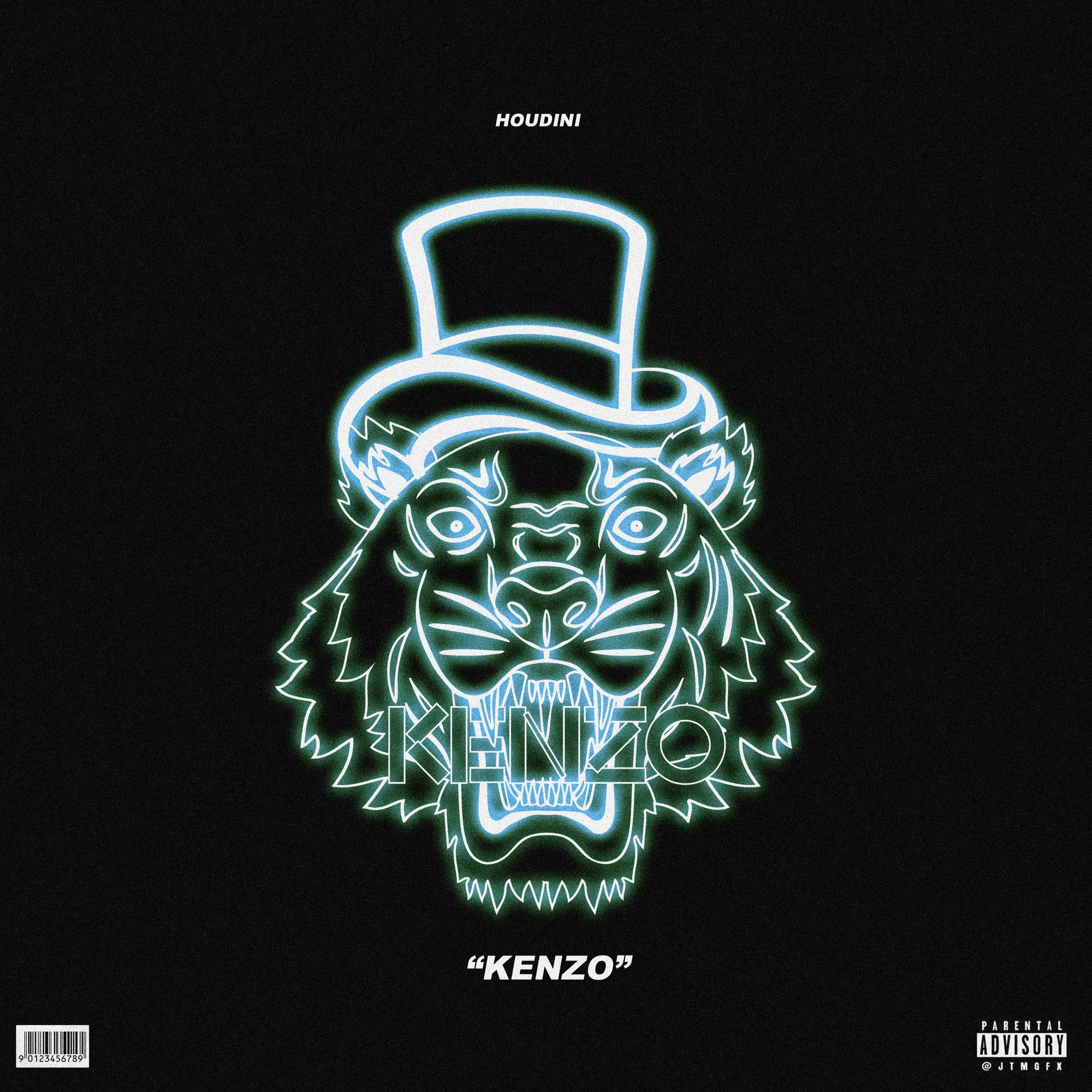 Neon-style artwork of a lion's face wearing a top hat with the words 'KENZO' integrated into the design, on a black background.