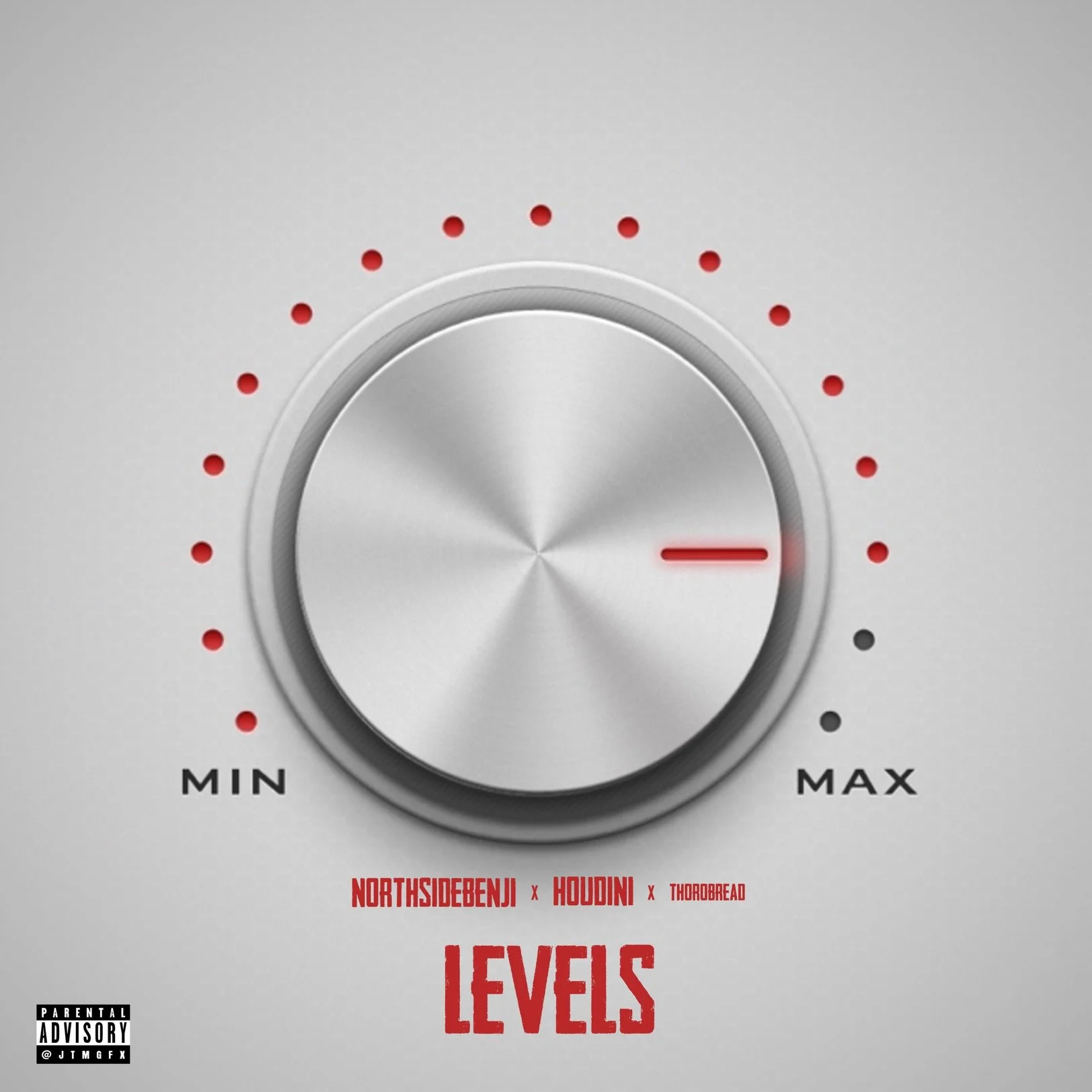 A metallic adjustable knob with red indicator, set to a level between minimum and maximum, with the words "LEVELS" and the names NORTHSIDEBENJI, HOUDINI, and THORREAD below, and a small parental advisory label in the lower left corner.