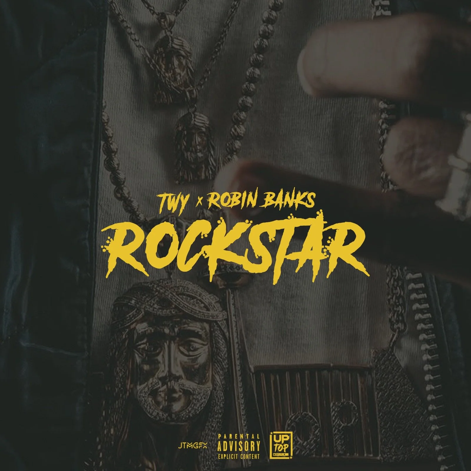 Album cover featuring jewelry, chains, and a metallic face mask, with yellow stylized text that reads "ROCKSTAR" and mentioning Tuwy and Robin Banks, along with parental advisory and music label icons.