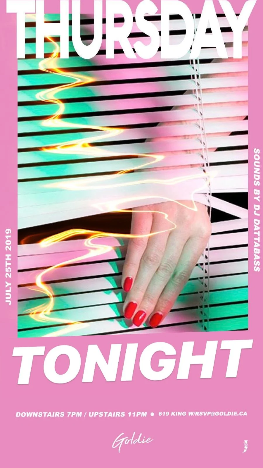 Stylized party invitation poster with a pink background, featuring a hand with red nail polish emerging from horizontal blinds, with neon light effects. Text indicates Thursday night event with details about downstairs at 7 PM and upstairs at 11 PM, 