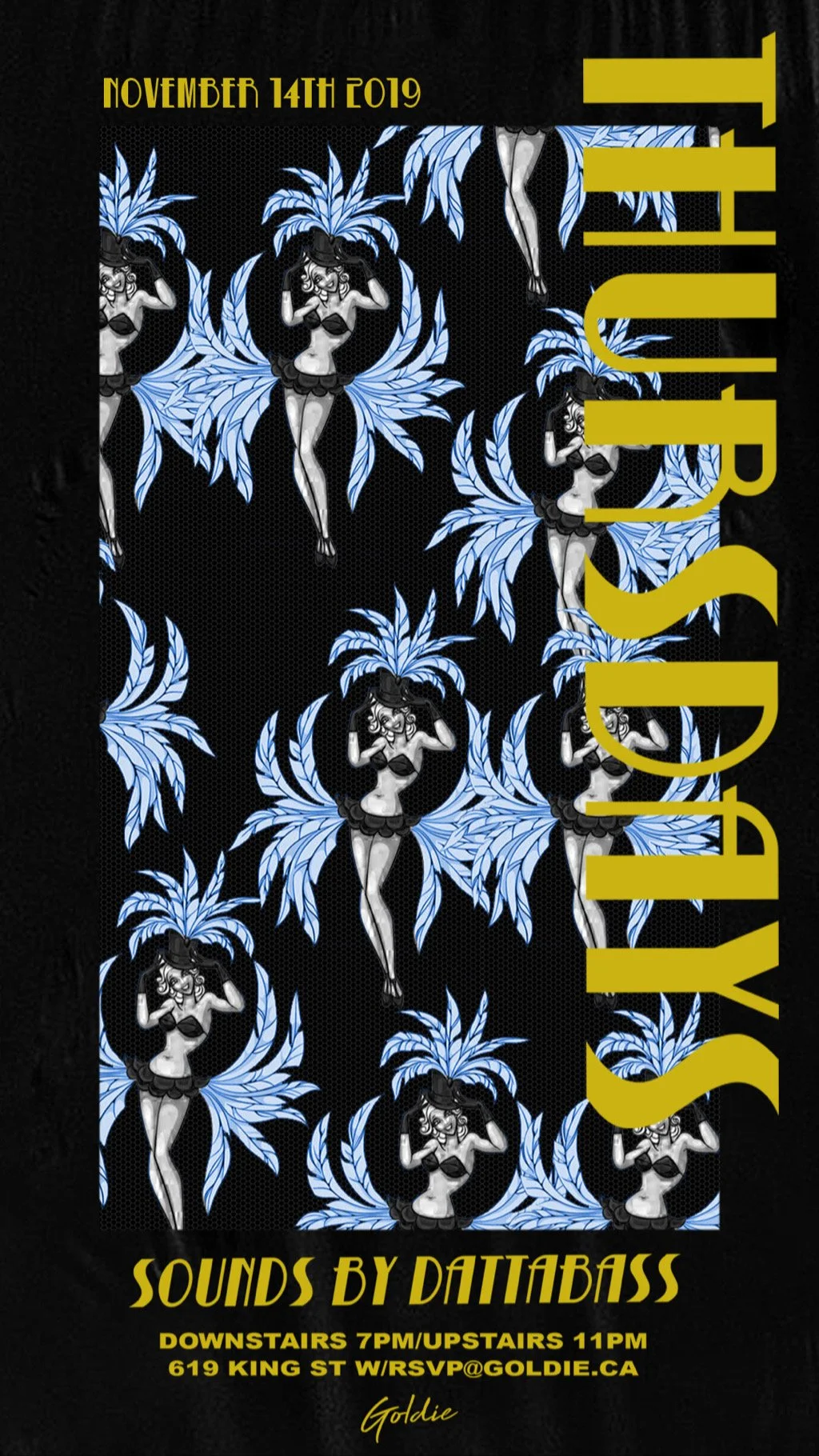 Event poster for a party on November 14th, 2019, featuring a repeating pattern of cartoon women with blue leaves backgrounds. The poster includes details about sounds by Daitibass, event times, location at 619 King St, and RSVP email Goldie. The back