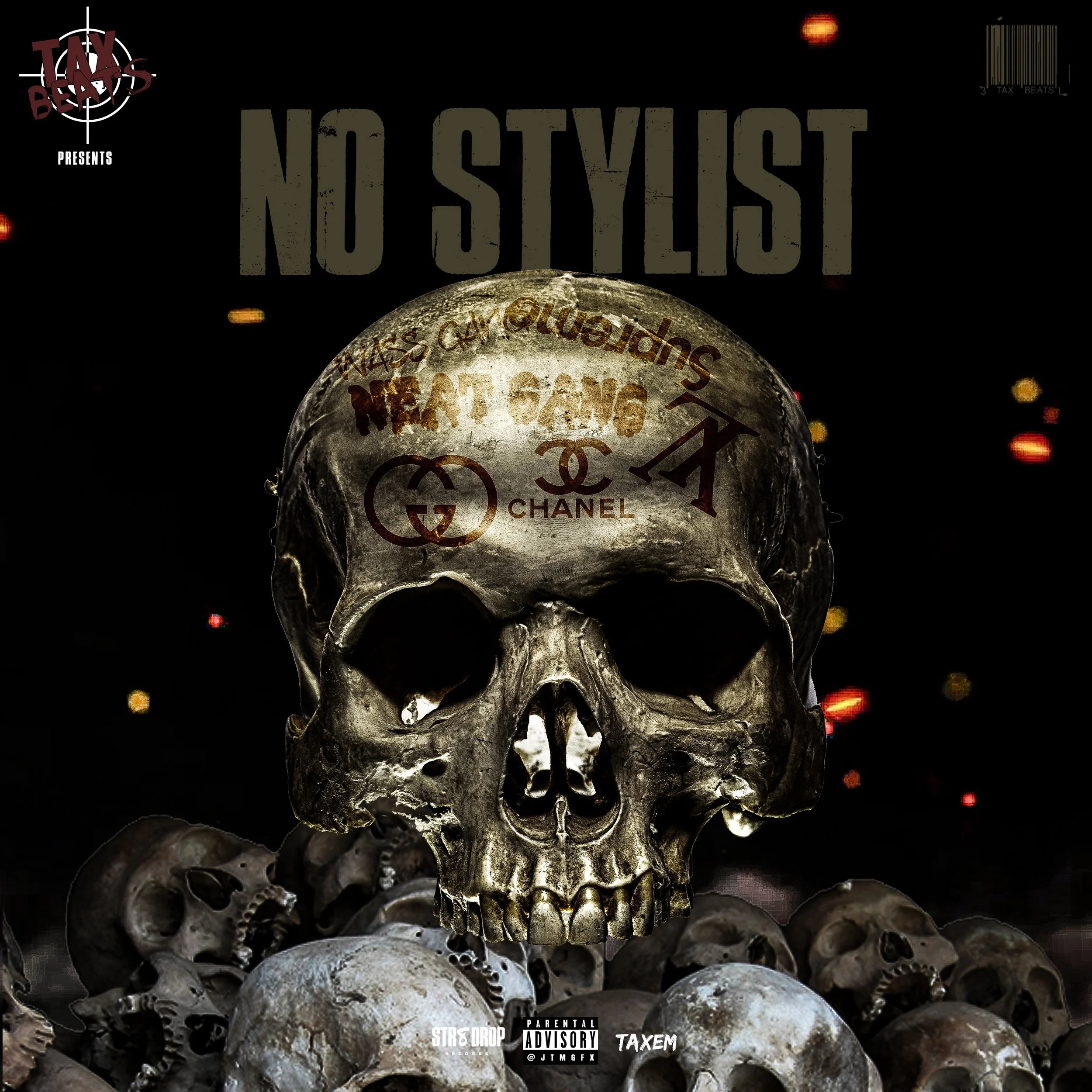 A large skull in the center with graffiti-style text and logos on it, surrounded by smaller skulls on a dark background with colorful, blurred light spots. Text on the skull reads 'Miss Camouflage,' 'Hate Gang,' and luxury brand logos like Gucci and 