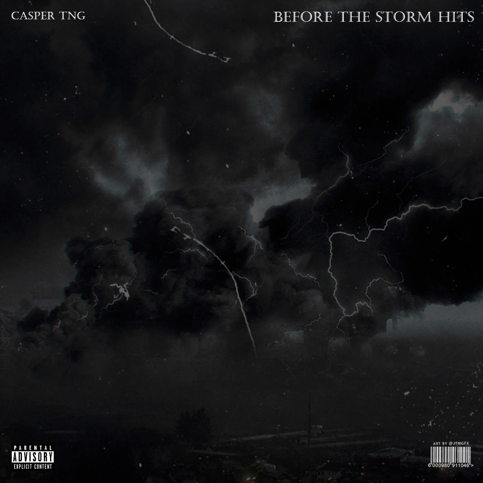 Dark stormy sky with lightning strikes over a landscape, with album title 'Before the Storm Hits' and artist 'Casper TNG' in the corners.