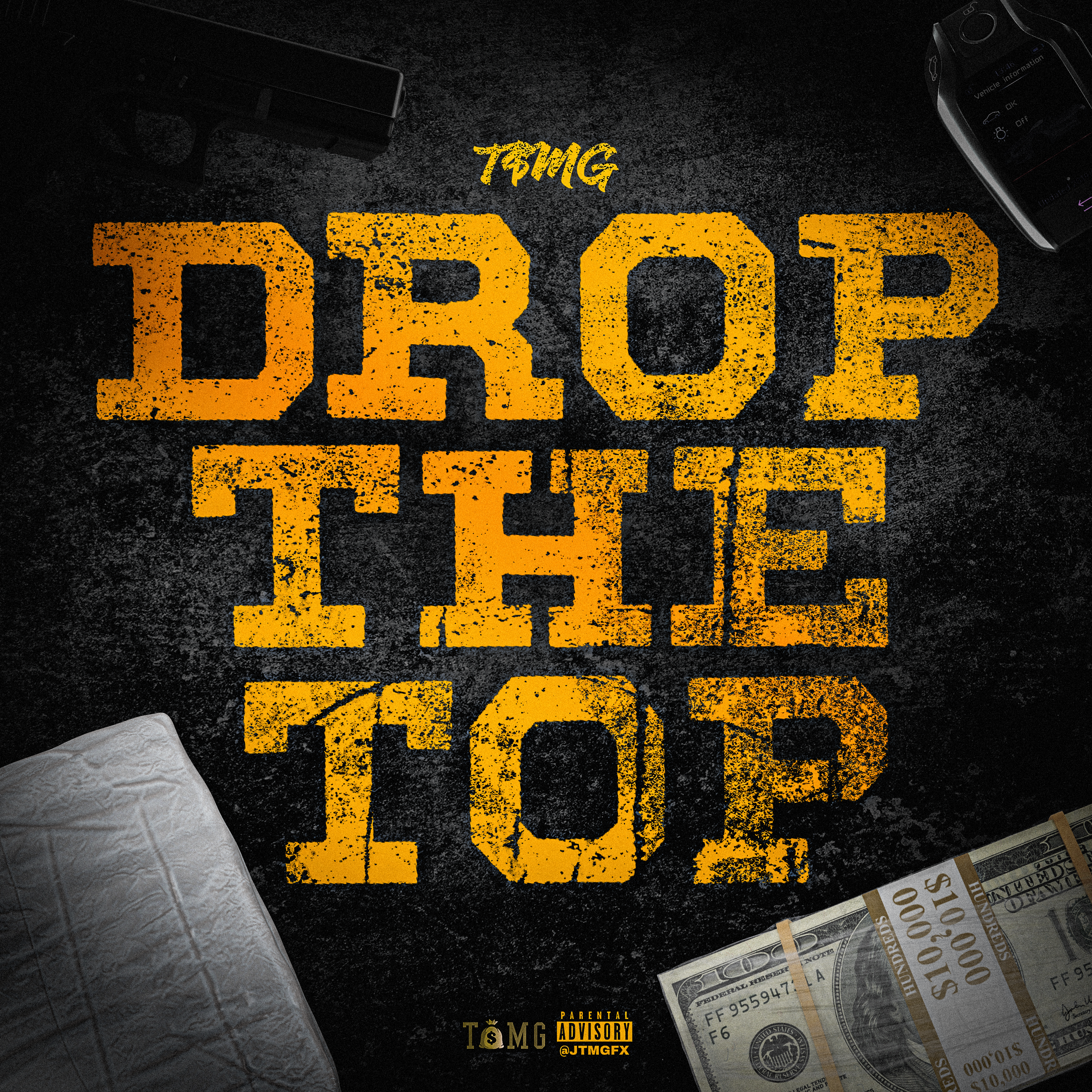 Text on a dark background reads 'TOMG DROP THE TOP'. Surrounding the text are items including a black spray bottle in the top left corner, a black device in the top right corner, a rolled white paper in the bottom left corner, and a stack of hundred-