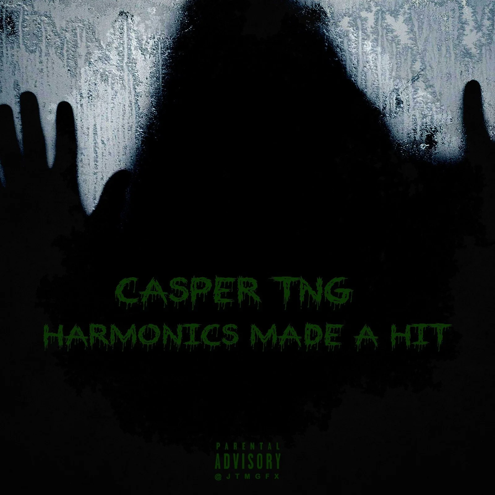 Dark, shadowy figure with hands pressed against a foggy or misted glass surface, creating a spooky, mysterious atmosphere. Green text reads 'Casper TNG Harmonies Made a Hit.' Parental advisory label at the bottom.