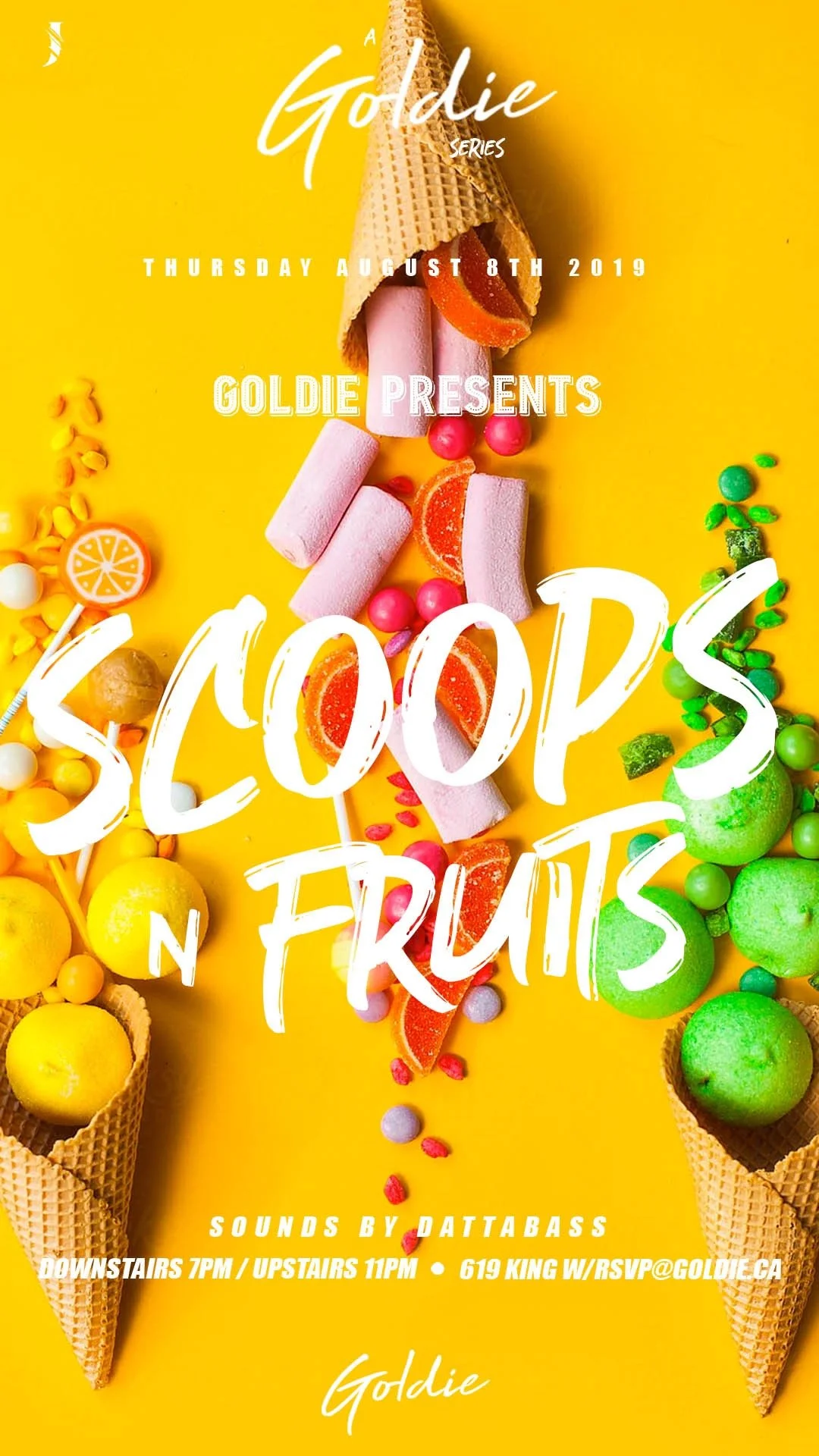 Colorful assortment of candies, including marshmallows, sour gummies, and fruit-flavored sweets, arranged to resemble ice cream cones on a yellow background.